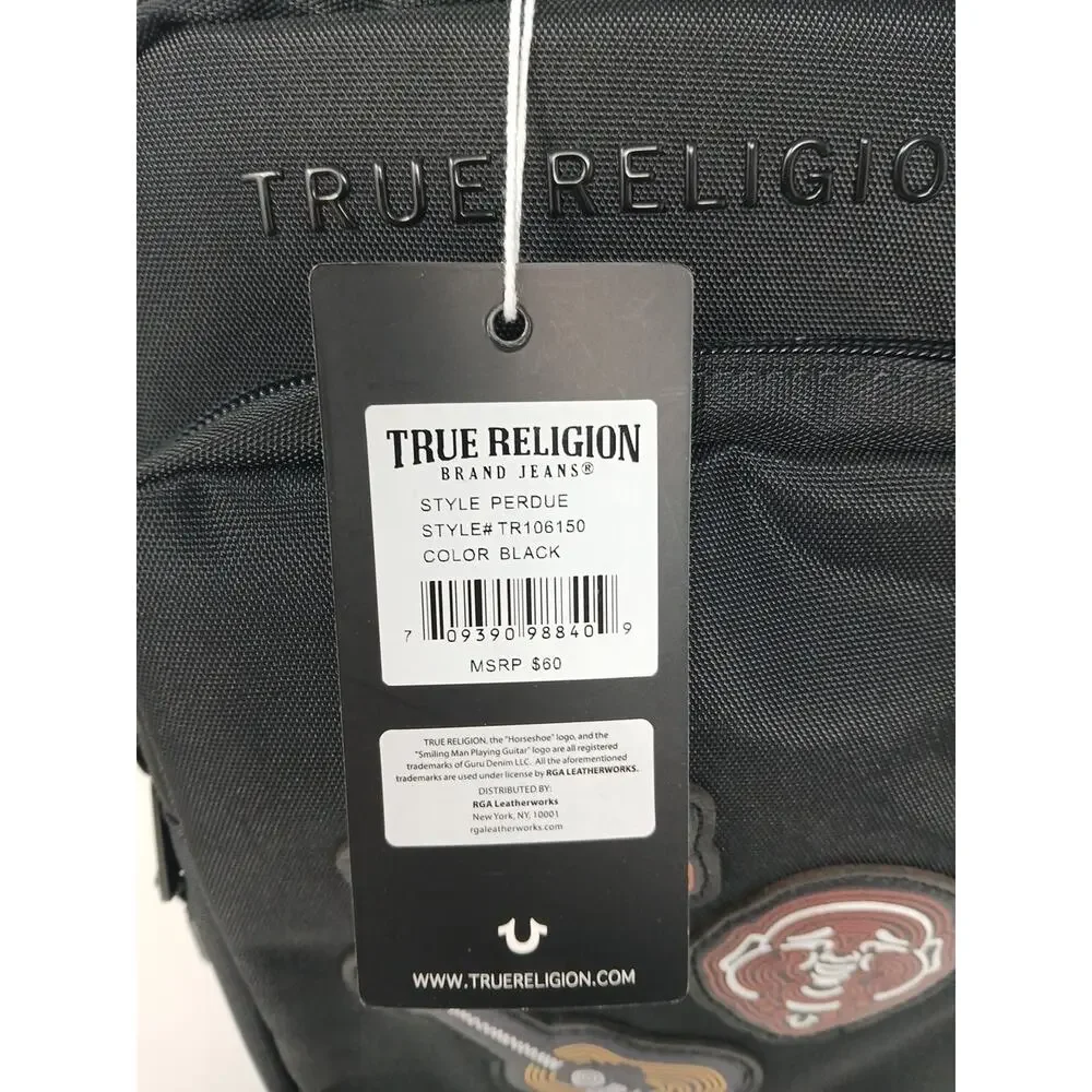 True Religion Black Crossbody Bag Men Zip Outer Pockets Guitar Character